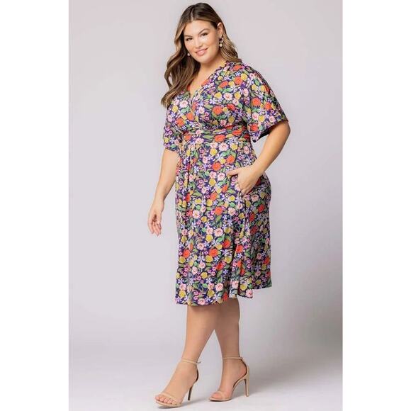 Kiyonna Gia Floral Midi Dress 2X Pockets Empire Waist Colorful Packable Party - Picture 3 of 11
